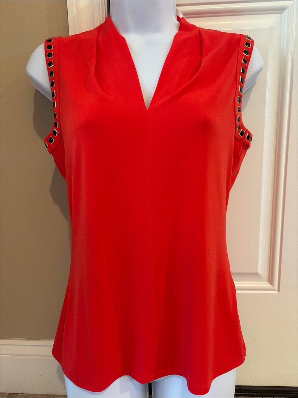 Tahari Red V-Neck Sleeveless Stud-Trim Camisole